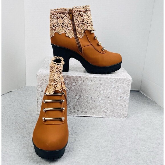 Platform Chunky Heel Lace Trim Ankle Boots Womens EU 38 US 7.5 Tan Fall Winter - Picture 2 of 11